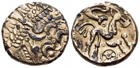 CELTIC, Britain. Atrebates & Regni. Uninscribed, circa 75-45 BC. Stater (Gold plated copper, 17 mm, 3.84 g, 4 h), Selsey Two-Faced (Remic Qa) type. Wr...