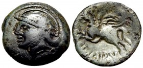CELTIC, Northeast Gaul. Suessiones. Circa 60-50 BC. Unit (Bronze, 17 mm, 2.53 g, 6 h). Helmeted head to left. Rev. CRICIRV Celticized Pegasus flying t...