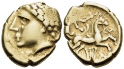 CELTIC, Central Gaul. Arverni. 3rd century BC. Stater (Gold, 19 mm, 7.45 g, 12 h), imitating types of Philip II of Macedon, "à la lyre" type. Laureate...