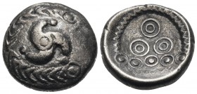 CELTIC, Central Europe. Vindelici. Early 1st century BC. Stater (Billon, 16.5 mm, 4.13 g, 2 h), "Regenbogenschüsselchen" type. Triskeles within a wrea...