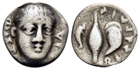 CAMPANIA. Phistelia. Circa 325-275 BC. Obol (Silver, 10 mm, 0.62 g, 4 h). Male head facing, turned slightly to right. Rev. Fistluis (Oscan) Dolphin sw...