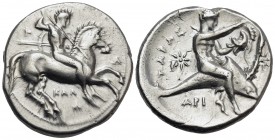 CALABRIA. Tarentum. Circa 333-331/0 BC. Didrachm or nomos (Silver, 23 mm, 7.75 g, 3 h), by the Kal... engraver, struck under the magistrate Ari... Nud...