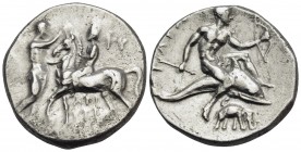 CALABRIA. Tarentum. Circa 280-272 BC. Didrachm or nomos (Silver, 21 mm, 6.36 g, 2 h), struck by the magistrates Aristipp... and Gy... ΑΡΙΣ/ΤΙΠΠ Nude m...
