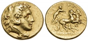CALABRIA. Tarentum. Circa 276-272 BC. Hemistater (Gold, 15 mm, 4.28 g, 11 h). Head of youthful Herakles in lion's skin headdress to right. Rev. ΤΑΡΑΝΤ...