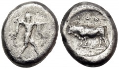 LUCANIA. Poseidonia. Circa 470-445 BC. Didrachm or nomos (Silver, 20 mm, 7.67 g, 12 h). [ΠΟΜΕ] Poseidon striding to right, brandishing trident held in...