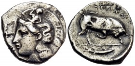 LUCANIA. Thourioi. Circa 400-350 BC. Didrachm or nomos (Silver, 22 mm, 7.26 g, 9 h). Head of Athena to left, wearing an Attic helmet adorned on the bo...