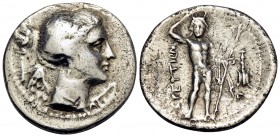 BRUTTIUM. The Brettii. Circa 214-211 BC. Drachm (Silver, 20 mm, 4.04 g, 3 h). Bust of Nike to right; behind, trophy. Rev. ΒΡΕΤΤΙΩΝ River god Aisaros s...