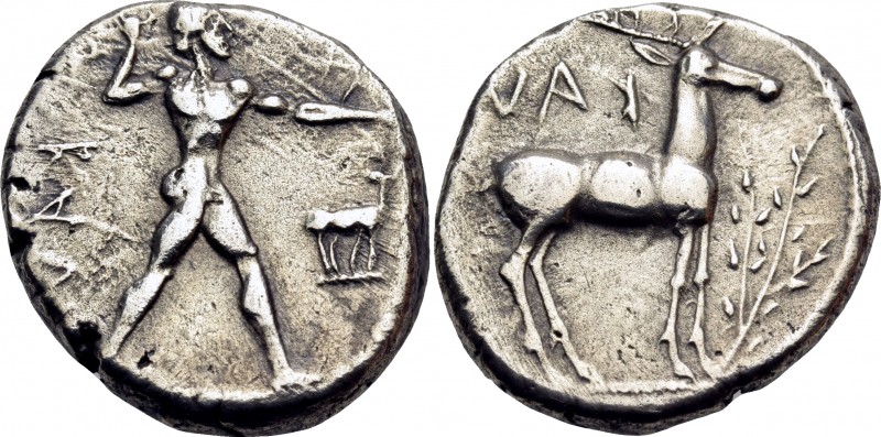 BRUTTIUM. Kaulonia. Circa 475-425 BC. Stater (Silver, 20 mm, 7.97 g, 12 h). ΚΑVΛ...