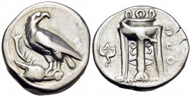 BRUTTIUM. Kroton. Circa 425-350 BC. Stater (Silver, 22.5 mm, 7.79 g, 2 h). Eagle, with head turned to right, standing left on stag’s head. Rev. ϘPO Tr...