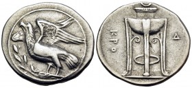 BRUTTIUM. Kroton. Circa 350-300 BC. Nomos (Silver, 25 mm, 7.68 g, 5 h). Eagle, with spread wings, standing to left on olive branch. Rev. KPO Tripod le...