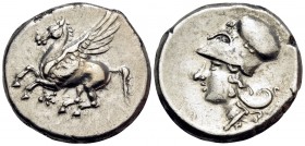 BRUTTIUM. Medma. 4th century BC. Stater (Silver, 21 mm, 8.62 g, 12 h). Pegasos flying to left; below, monogram of ME. Rev. Helmeted head of Athena to ...