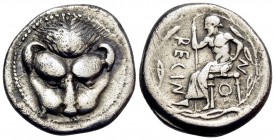 BRUTTIUM. Rhegion. Circa 435-425 BC. Drachm (Silver, 18 mm, 4.09 g, 12 h). Lion’s mask facing. Rev. RECIN-O-N Iokastos, bearded and draped from the wa...