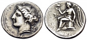 BRUTTIUM. Terina. Circa 300 BC. Drachm (Silver, 16 mm, 2.24 g, 5 h). ΤΕΡΙΝΑΙΟΝ Head of nymph to left, wearing pearl necklace and triple-pendant earrin...