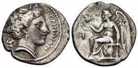 BRUTTIUM. Terina. Circa 300 BC. Drachm (Silver, 16 mm, 2.28 g, 4 h). ΤΕΡΙΝΑΙΟΝ Head of nymph to right, wearing pearl necklace and ingle-pendant earrin...