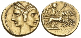 BRUTTIUM. Carthaginian occupation. Circa 216-211 BC. 3/8 Shekel (Electrum, 14 mm, 2.83 g, 12 h). Janiform female heads, each wearing grain ear wreath....