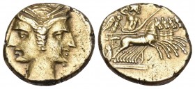 BRUTTIUM. Carthaginian occupation. Circa 216-211 BC. 3/8 Shekel (Electrum, 14 mm, 2.70 g, 1 h). Janiform female heads, each wearing grain ear wreath. ...