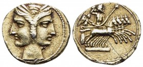 BRUTTIUM. Carthaginian occupation. Circa 216-211 BC. 3/8 Shekel (Electrum, 14.5 mm, 2.72 g, 1 h). Janiform female heads, each wearing grain ear wreath...
