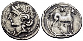 BRUTTIUM. Carthaginian occupation. Circa 215-205 BC. Half-Shekel (Silver, 18.5 mm, 3.66 g, 4 h), struck during the Second Punic War. Head of Tanit to ...