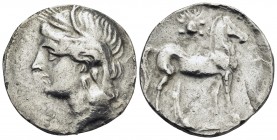 BRUTTIUM. Carthaginian occupation. Circa 215-205 BC. Half-Shekel (Silver, 19 mm, 3.77 g, 1 h), struck during the Second Punic War. Head of Tanit to le...