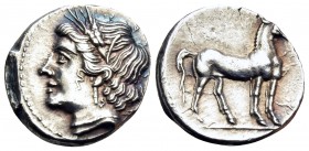 BRUTTIUM. Carthaginian occupation. Circa 215-205 BC. 1/4 Shekel (Silver, 14 mm, 1.88 g, 7 h), struck during the Second Punic War. Head of Tanit to lef...