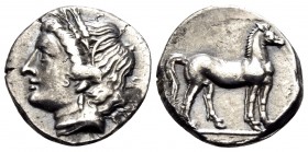 BRUTTIUM. Carthaginian occupation. Circa 215-205 BC. 1/4 Shekel (Silver, 13 mm, 1.86 g, 6 h), struck during the Second Punic War. Head of Tanit to lef...