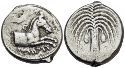 SICILY. Entella. 407-398 BC. Tetradrachm (Silver, 25 mm, 16.31 g, 7 h). QRTḤDŠT Forepart of bridled horse to right; above, Nike flying right, crowning...