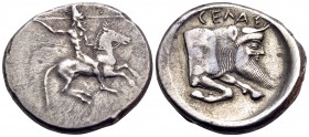 SICILY. Gela. Circa 490/85-480/75 BC. Didrachm (Silver, 23 mm, 8.62 g, 11 h). Bearded horseman, nude, riding to right, brandishing spear in his uprais...