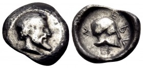 SICILY. Himera. Circa 470-450 BC. Litra (Silver, 10.5 mm, 0.60 g, 3 h). Male head to right with pointed beard, his hair bound with ribbon. Rev. HIMEPA...
