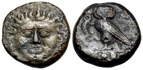 SICILY. Kamarina. Circa 420-405 BC. Tetras (Bronze, 14.5 mm, 3.55 g, 3 h). Facing gorgoneion. Rev. K[AMA] Owl standing right, head facing, grasping li...