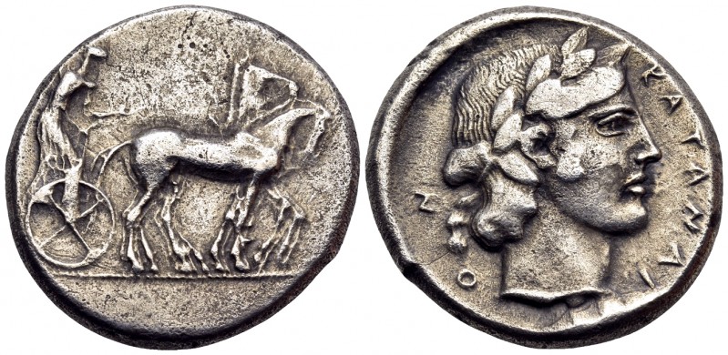 SICILY. Katane. Circa 450-445 BC. Tetradrachm (Silver, 26 mm, 16.81 g, 12 h). Ch...