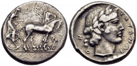 SICILY. Katane. Circa 450-445 BC. Tetradrachm (Silver, 26 mm, 16.81 g, 12 h). Charioteer driving quadriga moving slowly to right, holding goad in his ...
