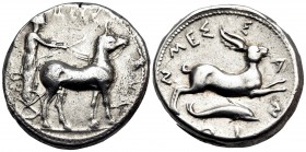 SICILY. Messana. Circa 420-413 BC. Tetradrachm (Silver, 25 mm, 17.20 g, 1 h). ΜΕΣΣ-ΑNA The nymph Messana, wearing a long chiton and holding the reins ...