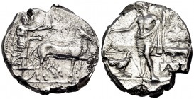 SICILY. Selinos. Circa 455-409 BC. Tetradrachm (Silver, 26.5 mm, 17.68 g). Apollo and Artemis standing right in a quadriga moving slowly to right; in ...