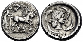 SICILY. Syracuse. Deinomenid Tyranny, 485-466 BC. Tetradrachm (Silver, 25 mm, 17.33 g, 9 h), struck under Gelon I, circa 480-478. Male charioteer, wea...