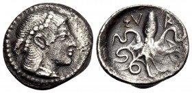 SICILY. Syracuse. Deinomenid Tyranny, 485-466 BC. Litra (Silver, 12 mm, 0.77 g, 2 h), circa 470-466. Pearl-diademed head of Arethusa to right, her hai...