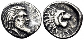 CIMMERIAN BOSPOROS. Pantikapaion. Circa 380-370 BC. Triobol (Silver, 13.5 mm, 2.15 g, 4 h). Head of satyr to right. Rev. [ΠΑ]ΝΤΙ Lion's head to right....