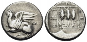 THRACE. Abdera. Circa 411/10 - 386/5 BC. Tetrobol (Silver, 15.5 mm, 2.60 g, 9 h), Protes, magistrate, 366-365. ABΔ Griffin springing to left. Rev. EΠI...
