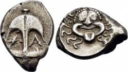 THRACE. Apollonia Pontika. Circa 480/78-450 BC. Drachm (Silver, 17 mm, 3.32 g, 3 h). Facing gorgoneion. Rev. Upright anchor; crayfish to left, A to ri...