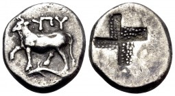 THRACE. Byzantion. Circa 387/6-340 BC. Hemidrachm (Silver, 14 mm, 2.44 g, 6 h). (YΠ)Y Heifer standing left on dolphin left with front left leg raised....