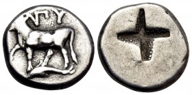 THRACE. Byzantion. Circa 387/6-340 BC. Hemidrachm (Silver, 12 mm, 2.48 g, 4 h). (YΠ)Y Heifer standing left on dolphin left with front left leg raised....