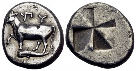THRACE. Byzantion. Circa 340-320 BC. Drachm or siglos (Silver, 22.5 mm, 5.19 g). (YΠ)Y Heifer with front left leg raised, standing to left on a dolphi...