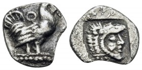 THRACE. Dikaia. Circa 480-450 BC. Trihemiobol (Silver, 10 mm, 0.71 g, 2 h). Cock standing right; Θ above. Rev. Head of Herakles to right, wearing lion...