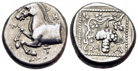 THRACE. Maroneia. Circa 398/7-386/5 BC. Triobol (Silver, 13 mm, 2.75 g, 12 h), struck under the magistrate Met... M-H-T Forepart of horse to left. Rev...