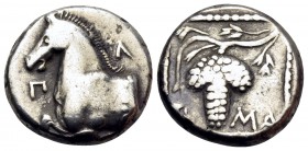 THRACE. Maroneia. Circa 398/7-386/5 BC. Triobol (Silver, 12.5 mm, 2.79 g, 10 h), struck under the magistrate Pel... Π-Λ Forepart of horse to left. Rev...