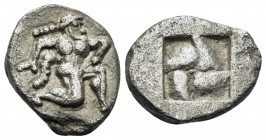 ISLANDS OFF THRACE, Thasos. 500-480 BC. Trihemiobol or 1/8 Stater (Silver, 12 mm, 1.00 g). Ithyphallic satyr running to right. Rev. Quadripartite incu...