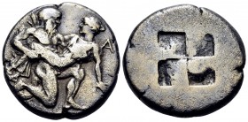 ISLANDS OFF THRACE, Thasos. Circa 435-411 BC. Stater (Silver, 21 mm, 8.60 g, 3 h). Ithyphallic satyr advancing to right, carrying protesting nymph; to...