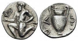 ISLANDS OFF THRACE, Thasos. Circa 411-340 BC. Trihemiobol (Silver, 11.5 mm, 0.80 g, 5 h). Satyr kneeling to left, holding kantharos in his right hand ...