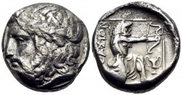 ISLANDS OFF THRACE, Thasos. Circa 411-340 BC. Tetradrachm (Silver, 22.5 mm, 14.75 g, 12 h). Bearded head of Dionysos to left, wearing ivy wreath with ...