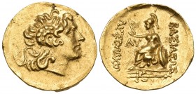 KINGS OF THRACE. Lysimachos, 305-281 BC. Stater (Gold, 20.5 mm, 8.21 g, 12 h), struck under Mithradates VI Eupator, Tomis, c. 88-86. Diademed head of ...