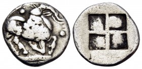 THRACO-MACEDONIAN TRIBES, Mygdones or Krestones. Circa 490-485 BC. 1/8 Stater (Silver, 11 mm, 0.97 g, 2 h). Goat kneeling right on pelleted ground lin...